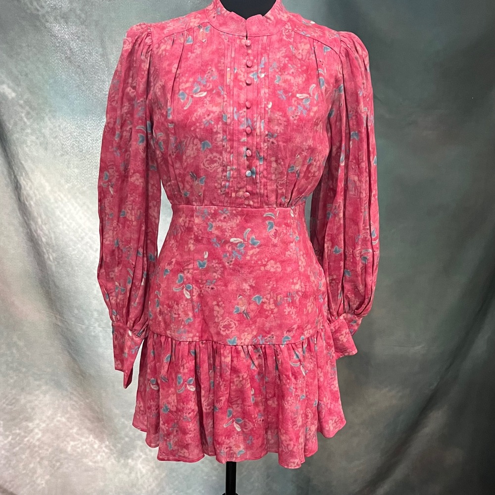 Bardot Nessa Pink Floral Mini Dress Long Puff Sleeve‎ Mock Neck Women's Size 4